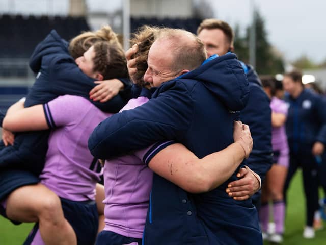 Scotland head coach Bryan Easson embraces Rachel Malcolm after the Women's Six Nations win over Italy last weekend. (Photo by Ross Parker / SNS Group)
