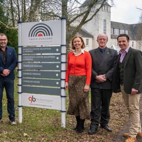 From left: GB Technologies' Mark Moncrieff, June Wilson and Gordon Brown with MSP Racheal Hamilton, Professor Russel Griggs and Phil Morris of GB Technologies.