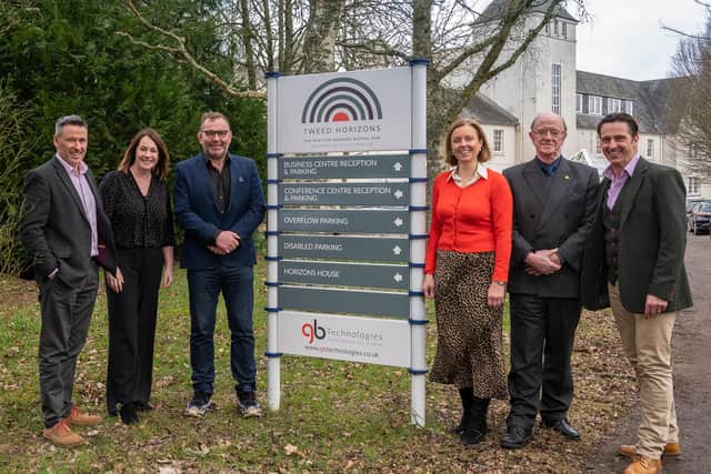 From left: GB Technologies' Mark Moncrieff, June Wilson and Gordon Brown with MSP Racheal Hamilton, Professor Russel Griggs and Phil Morris of GB Technologies.