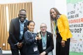 Dr Ibiye Iyalla from Robert Gordon University, Jon Gill from Metron and Mo from AFBE with pupil, Mimi who won the Judges Award