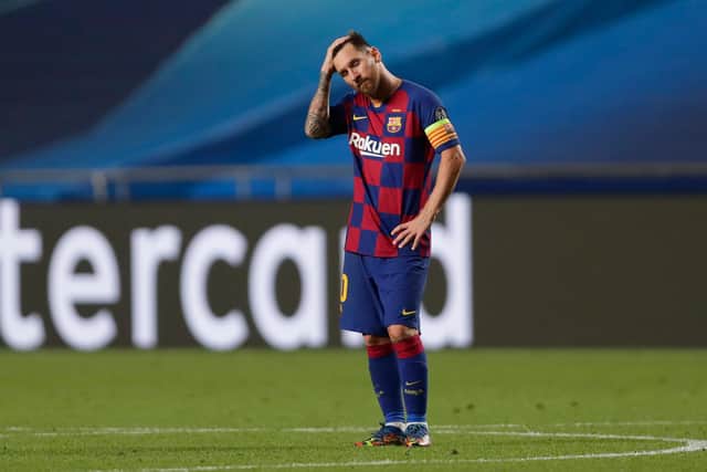 Lionel Messi of cuts a dejected figure during Barcelona's 8-2 humiliation by Bayern Munich. Picture: Manu Fernandez/Getty Images