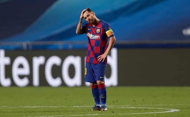 Lionel Messi of cuts a dejected figure during Barcelona's 8-2 humiliation by Bayern Munich. Picture: Manu Fernandez/Getty Images