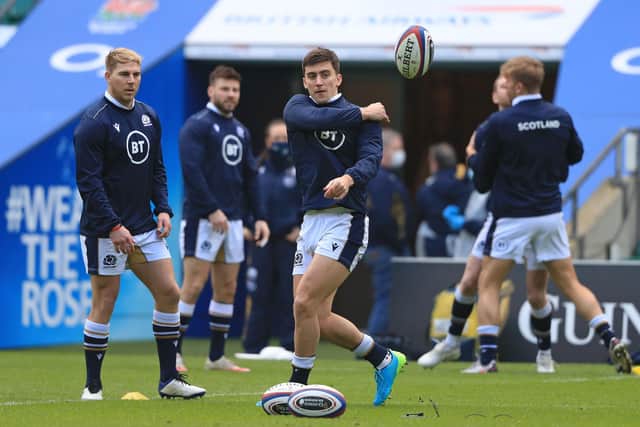 Scotland's centre Cameron Redpath (C) takes part in an Scotland team training session at Twickenham Stadium in south west London on February 5, 2021, ahead of the Six Nations rugby union match between England and Scotland on February 6. (Photo by Adam Davy / POOL / AFP) (Photo by ADAM DAVY/POOL/AFP via Getty Images)
