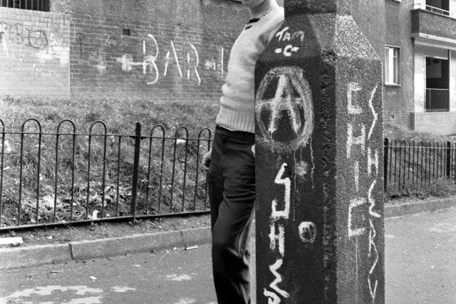 Run-down, neglected and covered in graffiti, the flats at Pendeen Crescent (known as Scotland's Street of Shame) in Glasgow, November 1980.