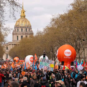 Protestors take part in the 11th day of action after the government pushed a pensions reform through parliament without a vote, using the article 49.3 of the constitution, in Paris on April 6, 2023.