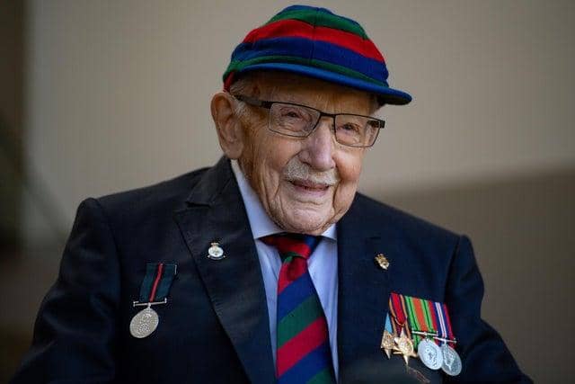 Captain Sir Tom Moore in Marston Moretaine, Bedford at the launch event for the Lloyd Scott Three Peaks Challenge.