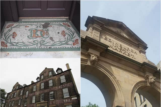 Ceramic tiling from a former Buttercup Dairy in Great Junction Street, the old Edinburgh Meat Market sign and the N. Martinot in Nicolson Square