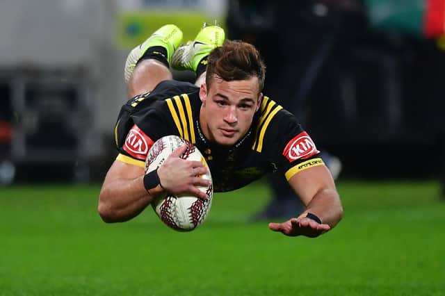 Wes Goosen scores a try for Hurricanes against the British and Irish Lions during the 2017 tour. Picture: MARTY MELVILLE/AFP via Getty Images)