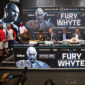 Promoter Frank Warren addresses Tyson Fury during a press conference ahead of the heavyweight boxing match between Tyson Fury and Dillian Whyte at Wembley Stadium. Photo: Warren Little/Getty Images.