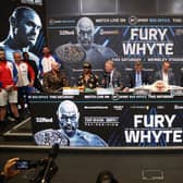 Promoter Frank Warren addresses Tyson Fury during a press conference ahead of the heavyweight boxing match between Tyson Fury and Dillian Whyte at Wembley Stadium. Photo: Warren Little/Getty Images.
