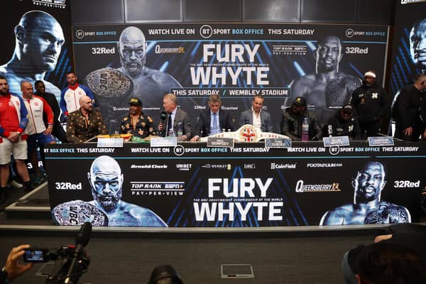 Promoter Frank Warren addresses Tyson Fury during a press conference ahead of the heavyweight boxing match between Tyson Fury and Dillian Whyte at Wembley Stadium. Photo: Warren Little/Getty Images.