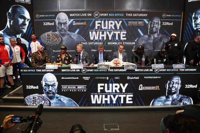 Promoter Frank Warren addresses Tyson Fury during a press conference ahead of the heavyweight boxing match between Tyson Fury and Dillian Whyte at Wembley Stadium. Photo: Warren Little/Getty Images.
