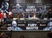 Promoter Frank Warren addresses Tyson Fury during a press conference ahead of the heavyweight boxing match between Tyson Fury and Dillian Whyte at Wembley Stadium. Photo: Warren Little/Getty Images.