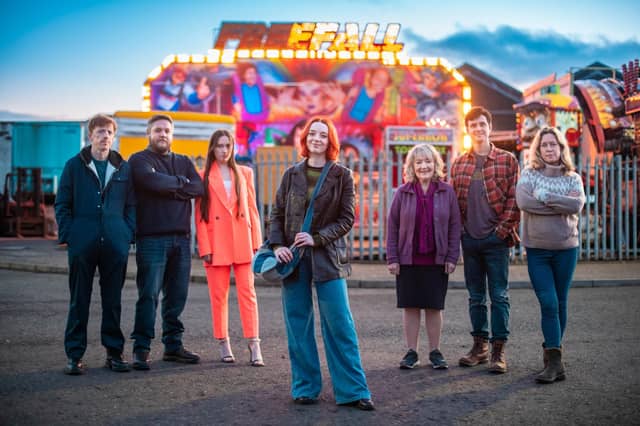 The cast of Unfair: Gavin Jon Wright as Uncle Gav; Grant O'Rourke as Bradley, Bentley's dad; Yana Harris as Missouri, his sister; Kat Ronney as Sorcha, Bentley's girlfriend who is just moving on to the yard; Tina Gray as Bentley's granny; Dylan Wood as Bentley; and Anna Crilly as Lizzie, Bentley's mum. Picture: Young Films