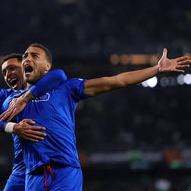 Rangers striker Cyriel Dessers celebrates after scoring against Real Betis in the Europa League Group C decider. (Photo by Fran Santiago/Getty Images)