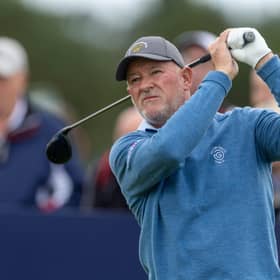 Peter Baker tees off on the 9th hole during the second round of the Senior Open Championship presented by Rolex at Carnoustie Golf Links. Picture: Kenny Smith/Getty Images.