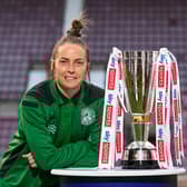 Hibernian Women's captain Joelle Murray pictured with the trophy ahead of the SWPL League Cup Final.