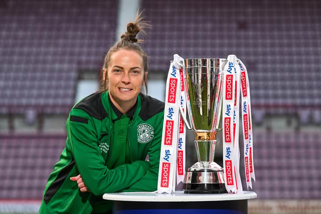 Hibernian Women's captain Joelle Murray pictured with the trophy ahead of the SWPL League Cup Final.