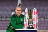 Hibernian Women's captain Joelle Murray pictured with the trophy ahead of the SWPL League Cup Final.