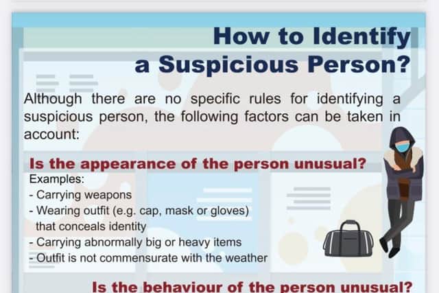 The leaflet explains how to identify a "suspicious person".