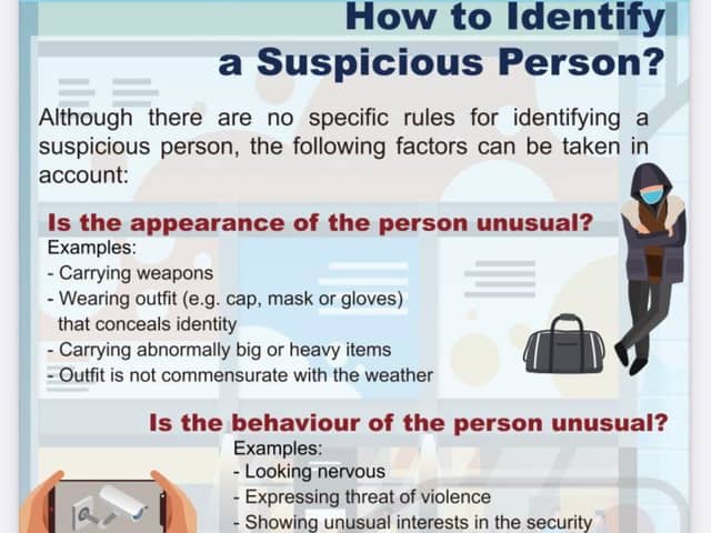 The leaflet explains how to identify a "suspicious person".