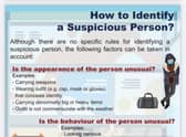 The leaflet explains how to identify a "suspicious person".