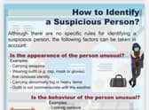 The leaflet explains how to identify a "suspicious person".