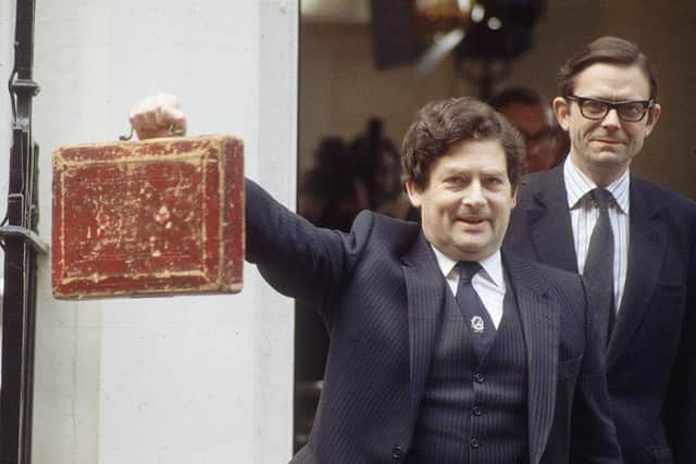 Nigel Lawson photographed on Budget Day in March 1984
