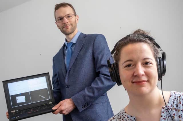 Claudia Freigang, chief executive, and Colin Horne, chief technology officer, of Hearing Diagnostics. The pair are a married couple so social distancing was not required for the photograph. Picture: Peter Devlin