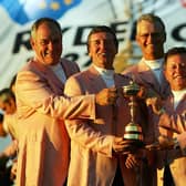 DJ Russell, far left, celebrates with Des Smyth, Sandy Lyle, Ian Woosnam and Peter Baker after they formed Europe's backroom team in the 2006 Ryder Cup at The K Club in in Co. Kildare. Picture: Andrew Redington/Getty Images.