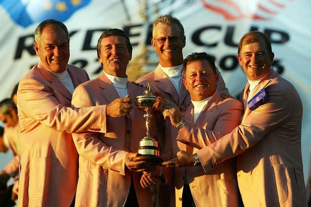 DJ Russell, far left, celebrates with Des Smyth, Sandy Lyle, Ian Woosnam and Peter Baker after they formed Europe's backroom team in the 2006 Ryder Cup at The K Club in in Co. Kildare. Picture: Andrew Redington/Getty Images.