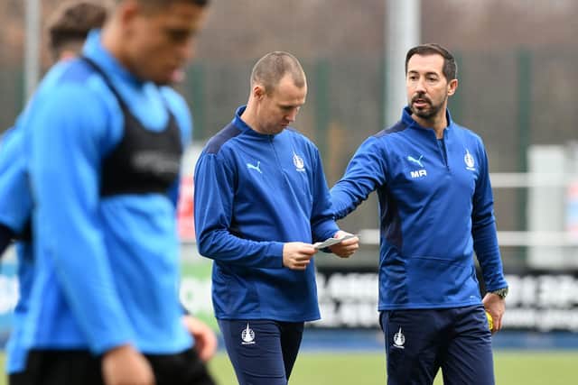 New Falkirk FC Head Coach Martin Rennie takes training for the first time alongside new Assistant Head Coach Kenny Miller. (Picture: Michael Gillen)