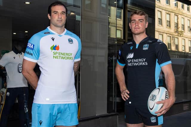 Lewis Bean, left, and Stafford McDowall model the Glasgow Warriors kit for the 2021-22 season. Picture: Ross MacDonald/SNS