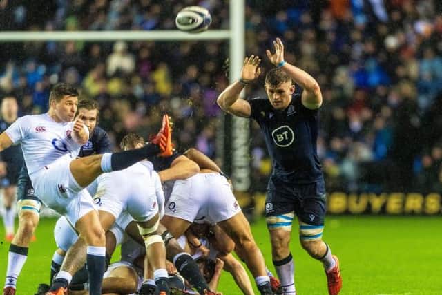 Magnus Bradbury (right) in action for Scotland during the Guinness Six Nations Match between Scotland and England at BT Murrayfield on February 08, 2020 in Edinburgh, Scotland. (Photo by Bill Murray / SNS Group /SRU)