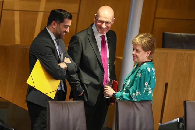 First Minister John Swinney with former first ministers Humza Yousaf and Nicola Sturgeon.