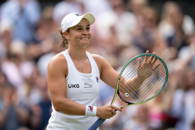 Ash Barty celebrates winning through to her first Wimbledon final