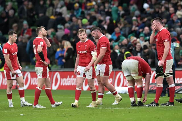 Wales players look dejected following the Six Nations defeat to Ireland in Dublin on Saturday. (Photo by Charles McQuillan/Getty Images)