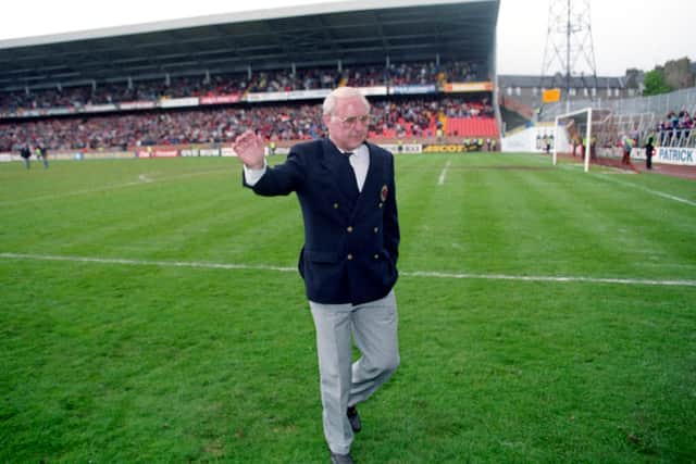 Jim McLean waves to the Dundee Utd supporters after his last match as manager against Aberdeen in May 1993. He was still only 56