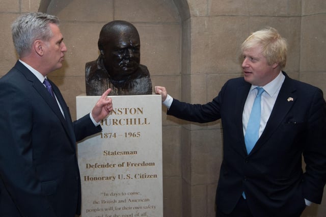 Boris Johnson gazes at a bust of Winston Churchill in the US House of Representatives in Washington DC in 2015 (Picture: Stefan Rousseau/PA)