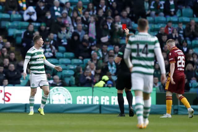 Celtic's Callum McGregor is shown a red card after a foul which prevented a goal scoring opportunity during the cinch Premiership match at Celtic Park, Glasgow. Picture date: Saturday October 1, 2022. PA Photo. See PA story SOCCER Celtic. Photo credit should read: Will Matthews/PA Wire.