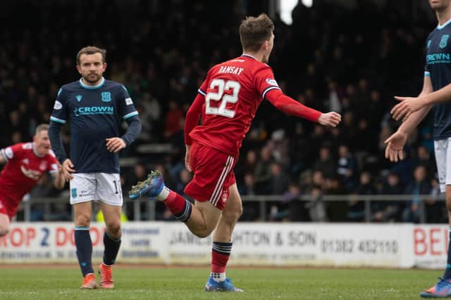 Ramsay scored his first goal for Aberdeen with a left-footed strike against Dundee.  (Photo by Craig Foy / SNS Group)