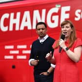Scottish Labour Leader Anas Sarwar and Deputy Labour Party Leader Angela Rayner speak at a campaign event in Hamilton on Friday. Picture: Jeff J Mitchell/Getty Images