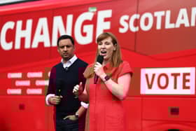 Scottish Labour Leader Anas Sarwar and Deputy Labour Party Leader Angela Rayner speak at a campaign event in Hamilton on Friday. Picture: Jeff J Mitchell/Getty Images