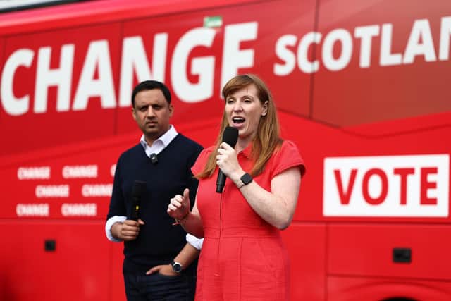 Scottish Labour Leader Anas Sarwar and Deputy Labour Party Leader Angela Rayner speak at a campaign event in Hamilton on Friday. Picture: Jeff J Mitchell/Getty Images