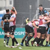 Glasgow Warriors celebrate their win over the Lions which moved them up to fifth place in the United Rugby Championship.  Picture: Rob Casey/SNS
