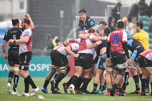 Glasgow Warriors celebrate their win over the Lions which moved them up to fifth place in the United Rugby Championship.  Picture: Rob Casey/SNS