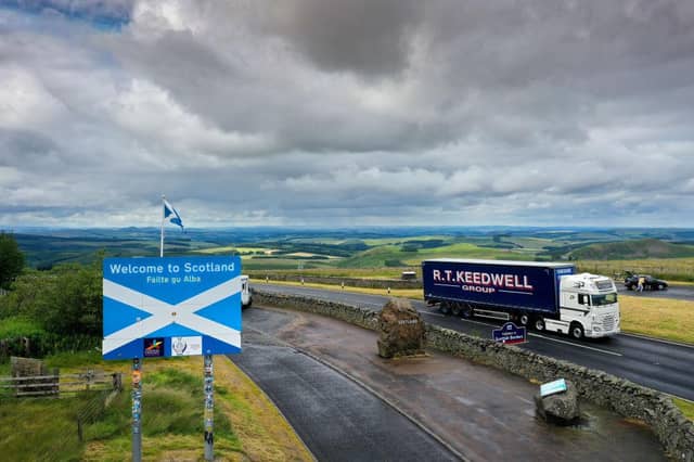 CARTER BAR, SCOTLAND - JULY 13: A general view from the view point on the A68 at Carter Bar, at the top of Redesdale in the Cheviot Hills on the border between Scotland and England on July 13, 2020 in Carter Bar, Scotland. In a TV interview on Sunday, First Minister Nicola Sturgeon said she could not rule out possible quarantine requirements for visitors from elsewhere in the UK to Scotland, which has gone four days without recording a Covid-19 death. (Photo by Jeff J Mitchell/Getty Images)