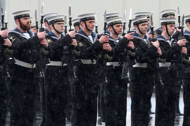 Military personnel ready for inspection during ceremonial divisions during the 50th anniversary celebrations at HM Naval Base Clyde, Scotland.
