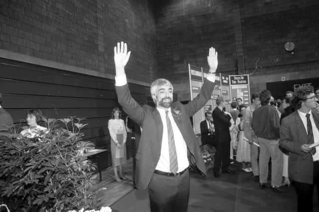 Labour's Alistair Darling celebrates winning the Edinburgh Central seat after the General Election votes come in at Meadowbank stadium in June 1987.