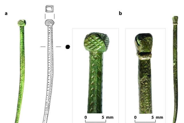 One of the HIberno - Norse copper alloy pins, which was used to fasten clothing, that has helped to revise the history of Iona. PIC: Dr Ewan Campbell.